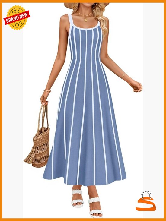 Dresses & Skirts - Striped A-Line Sleeveless Midi Dress - Knit Beach Vacation Outfit